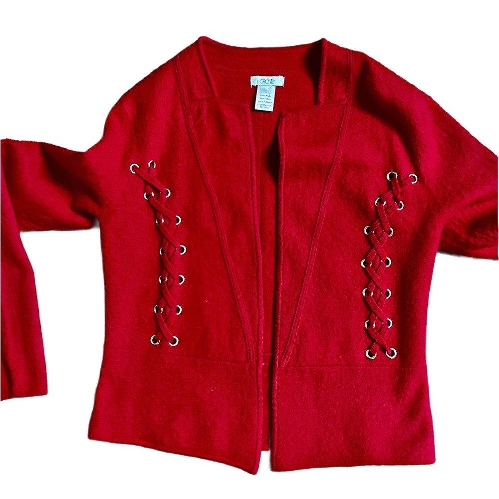 Cache ~ Women's Small ~100% Wool ~ Red Blazer Jacket W/ Lace Up Detail Hook Loop - Picture 3 of 16